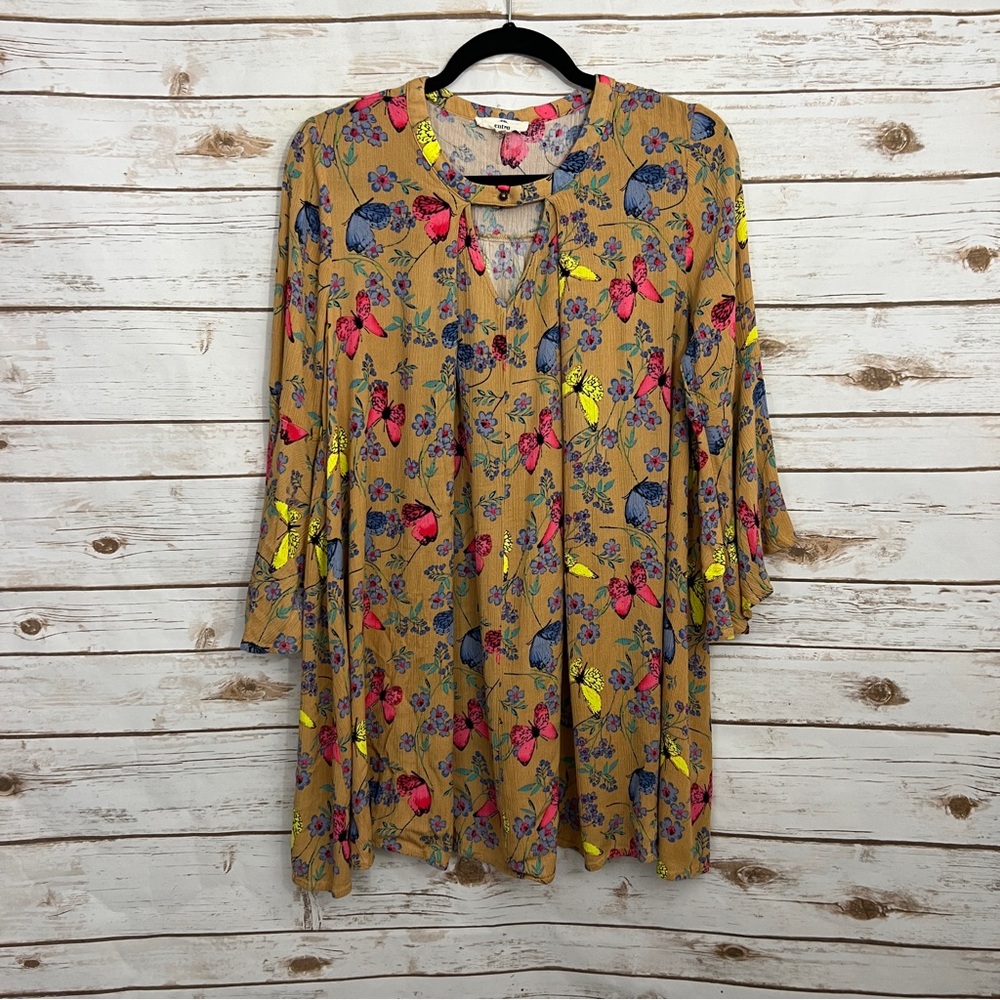 Entro Boho Floral Butterfly Bell Sleeve Tunic Blouse Mini Dress Mustard Small